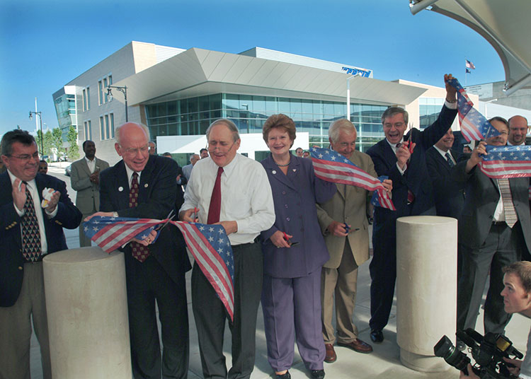 Ribbon cutting ceremony for the $22.8 million Central Station in 2004. From left: Peter Varga; the late U.S. Rep. Vern Ehlers; former U.S. Sen. Carl Levin; Sen. Debbie Stabenow; former Grandville mayor James Buck; former Grand Rapids mayor George Heartwell; and former Wyoming mayor Doug Hoekstra.