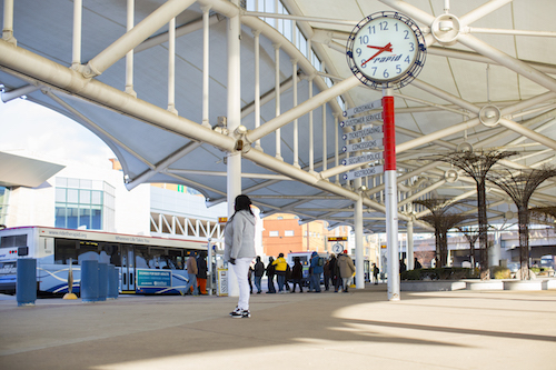 Jones waiting for the bus at The Rapid's Central Station in Grand Rapids, Michigan. 