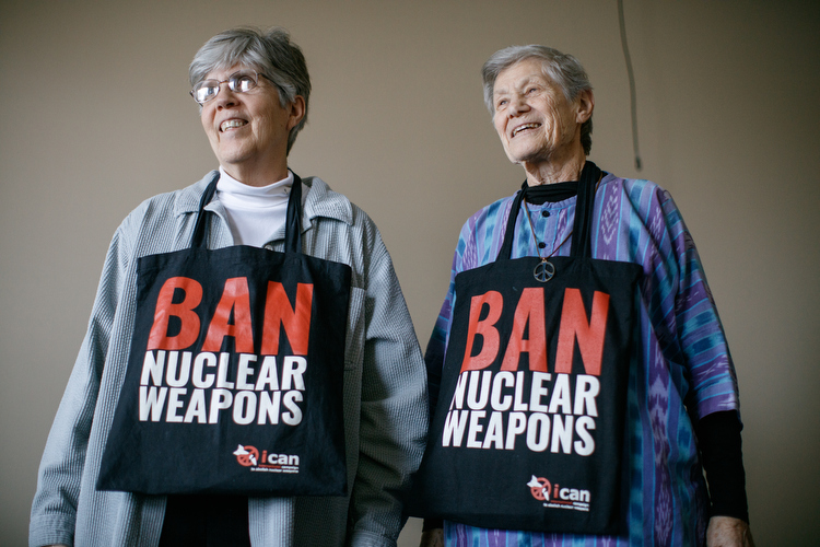Sister Carol Gilbert OP, left, and Sister Ardeth Platte OP, right.