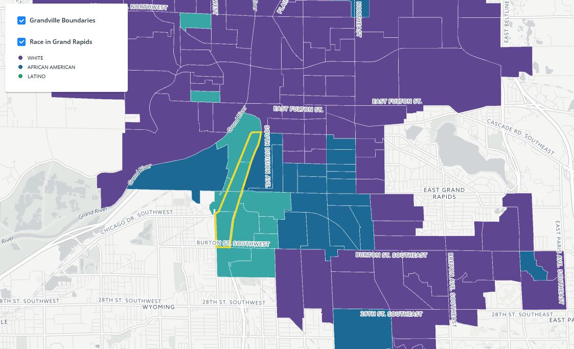 This map depicts the neighborhood demographics within the city of Grand Rapids. The purple are the white residents and the blue and turquoise markers are where black and Latinx residents are. Cartography by Anel Guel. 