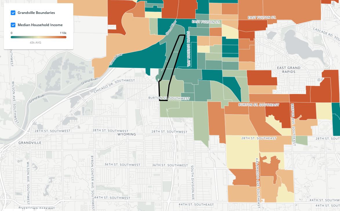 In this map we see depicted household median income by neighborhood. The orange colors represent income closest to the 43k mark and the turquoise blue colors mark the incomes closer to 28k. The area within the black line is Grandville Avenue. Cartography by Anel Guel.