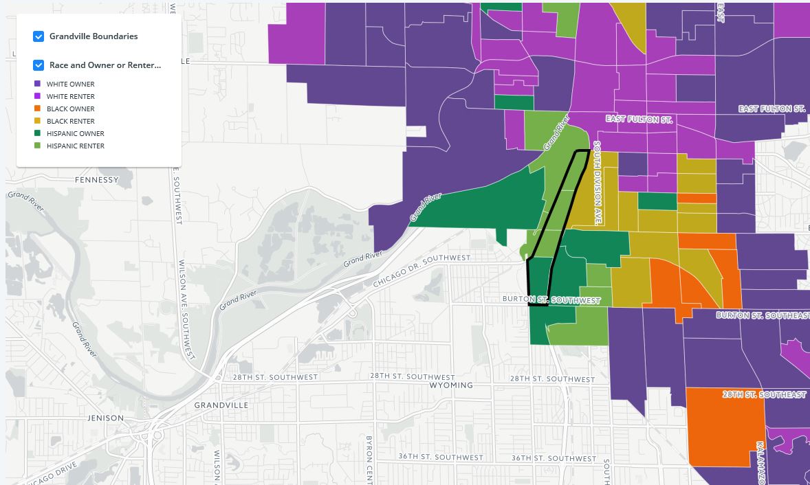 This map depicts home owners and renters based on racial demographic within the city of Grand Rapids. Dark purple are white homeowners. Light purple are white renters. Black owners are depicted in orange and black renters in yellow. Latinx owners are in dark green and Latinx renters in light green. The area within the black lines is Grandville Avenue. Cartography by Anel Guel. 