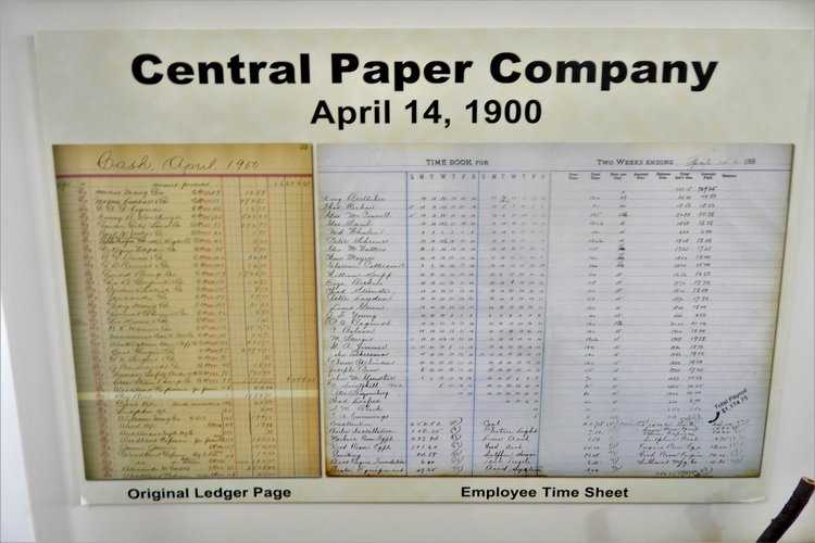 A Central Paper Company time sheet from 1900, just after the factory opened on Lakeshore Drive.