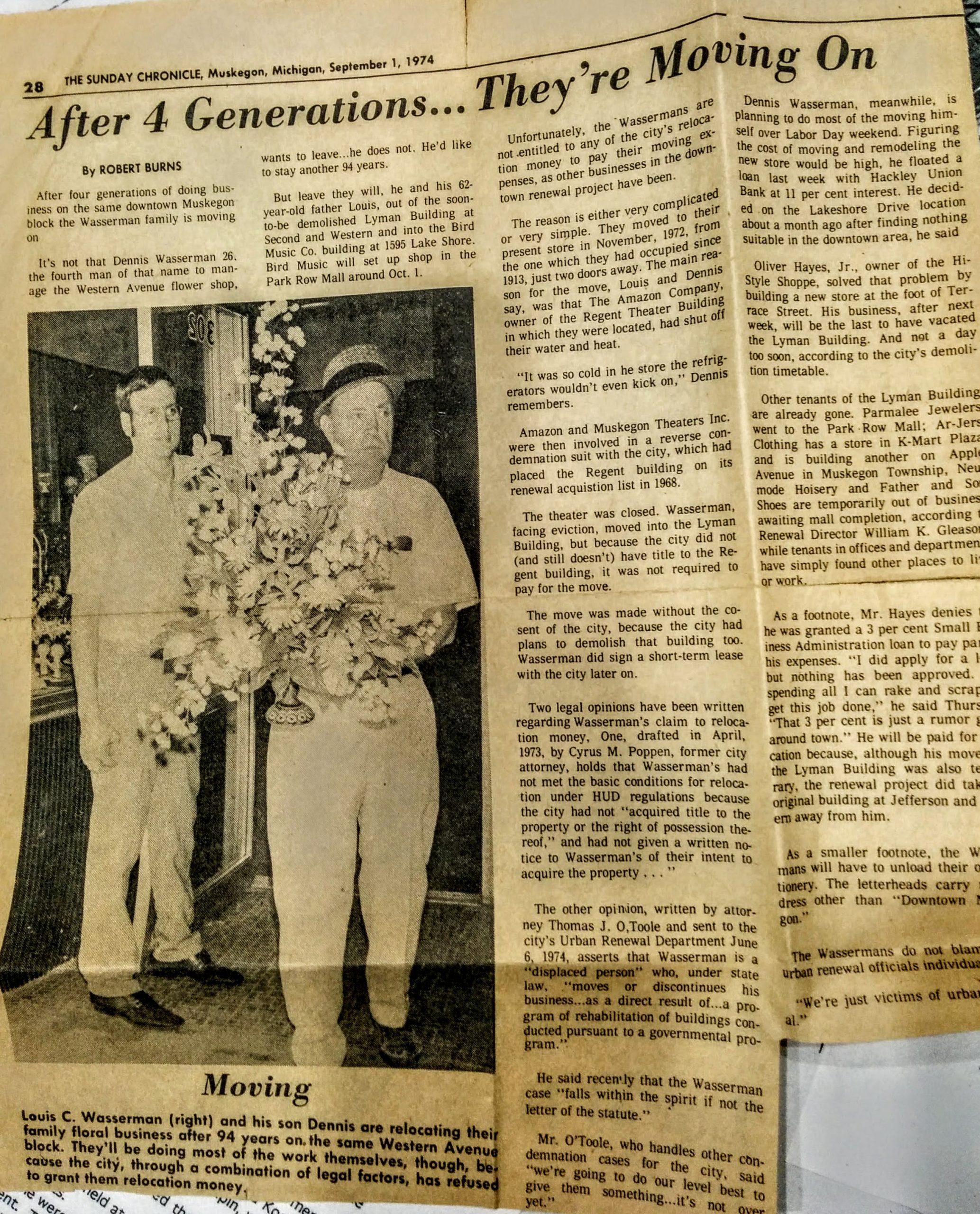 A 1974 Muskegon Chronicle article details Wasserman's being forced to move from their downtown location to make way for the Muskegon Mall.