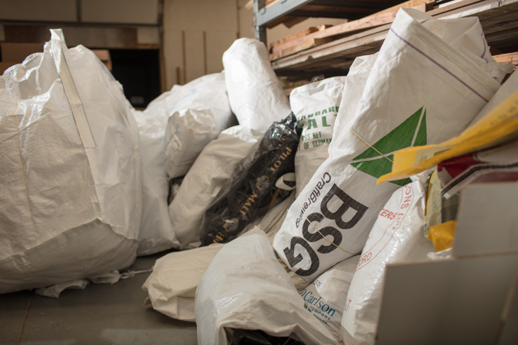 Grain bags that would normally be thrown away, but are transformed into useful accessories. 