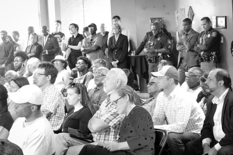 A crowd of people gathered Tuesday evening at Linc Up for a public meeting about the traffic study.