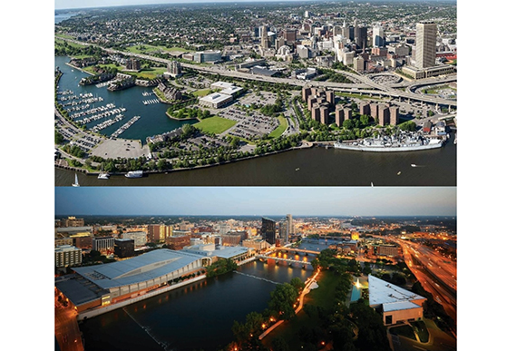 Aerial shots of Buffalo, New York, top, and Grand Rapids, bottom