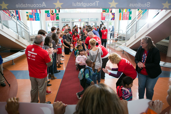 Students from Burton Elementary School walk the red carpet on October 20th celebrating receiving access to Apple technology in their classroom. 