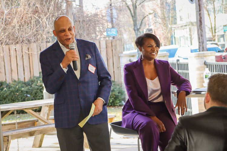 Attorney Stephen R. Drew, who wrote the book's foreword, introduces Sandra Upton.