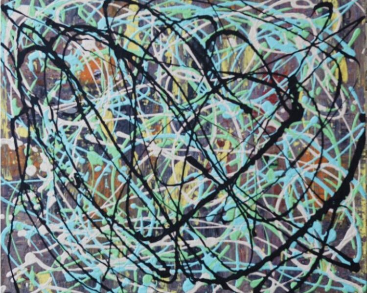 An untitled abstrst acrylic pour artwork created by an anonymous veteran during art therapy at Mel Trotter Ministries.