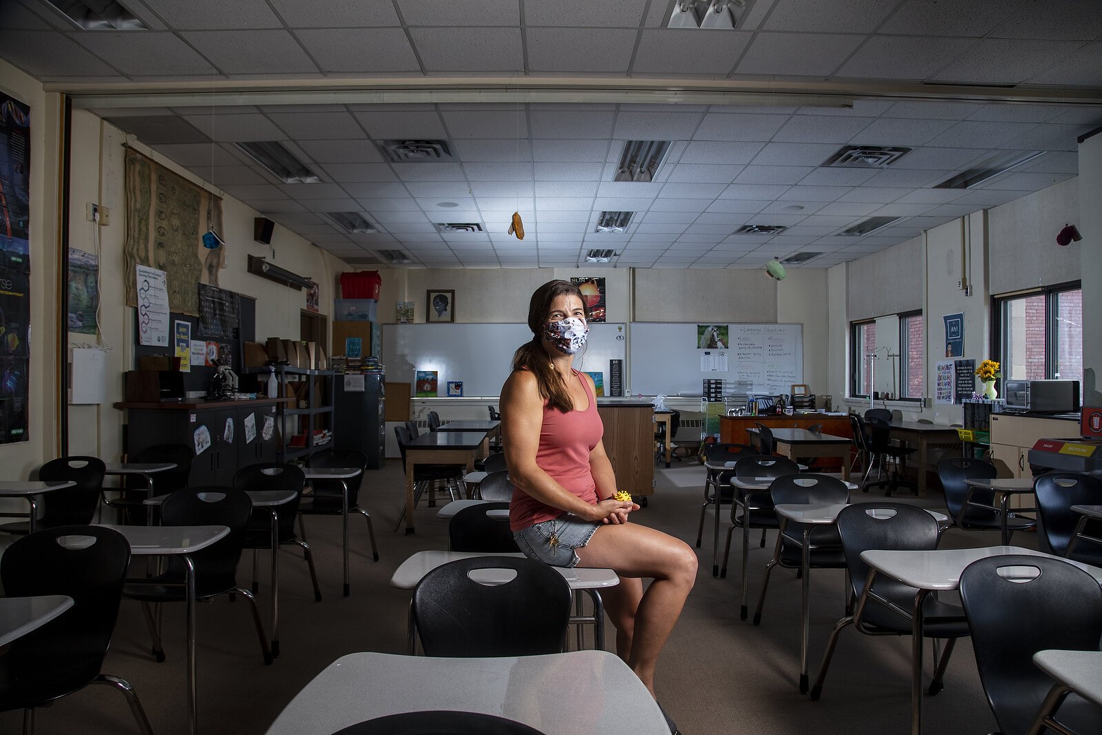 Jessica Dejong showcasing her model of the coronavirus in her science classroom.