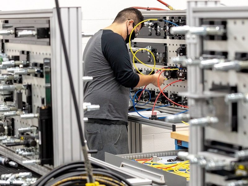 A GRCC student works in a manufacturing pneumatics class.
