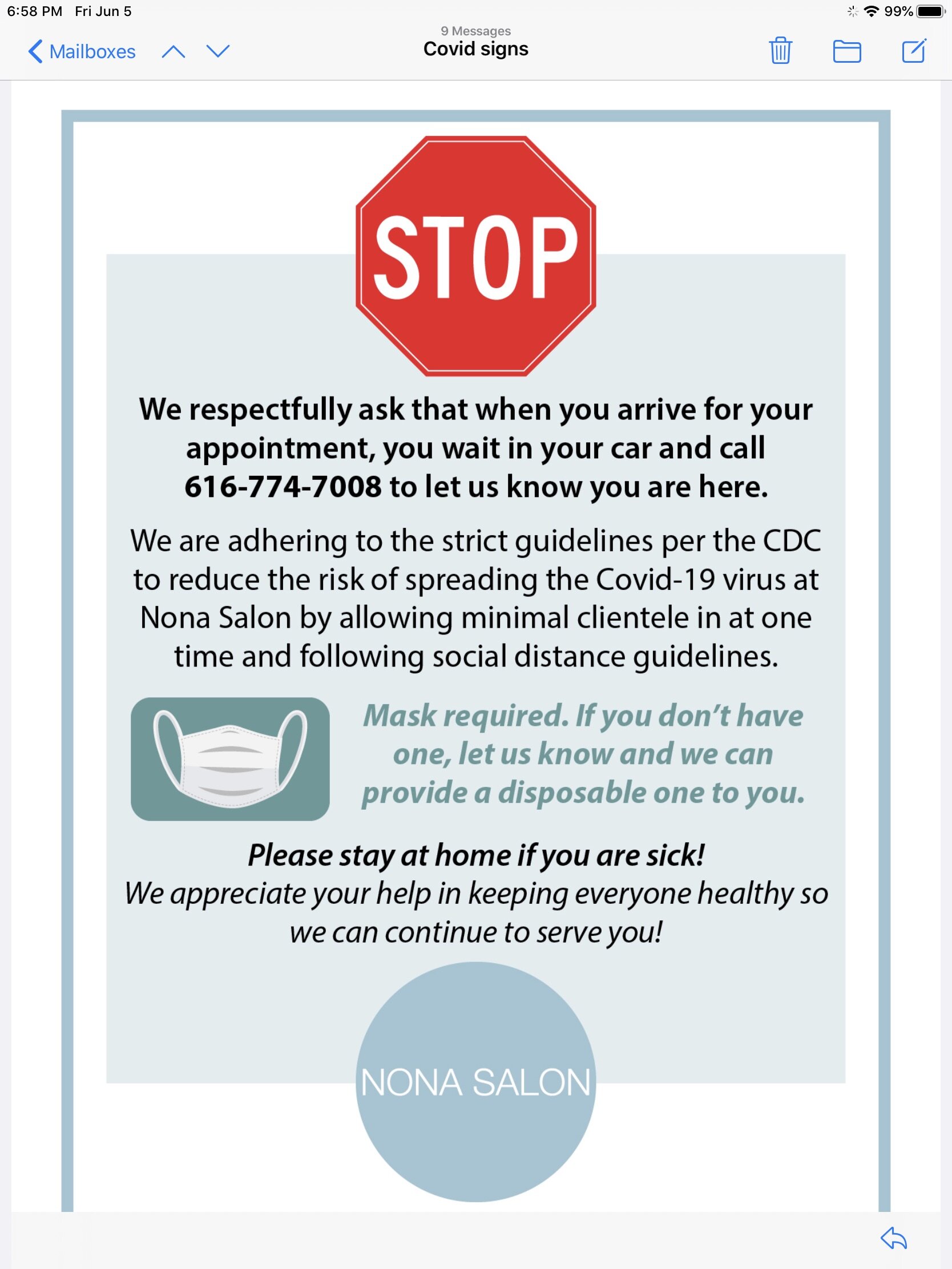 One of Walters' COVID-19 precaution signs.