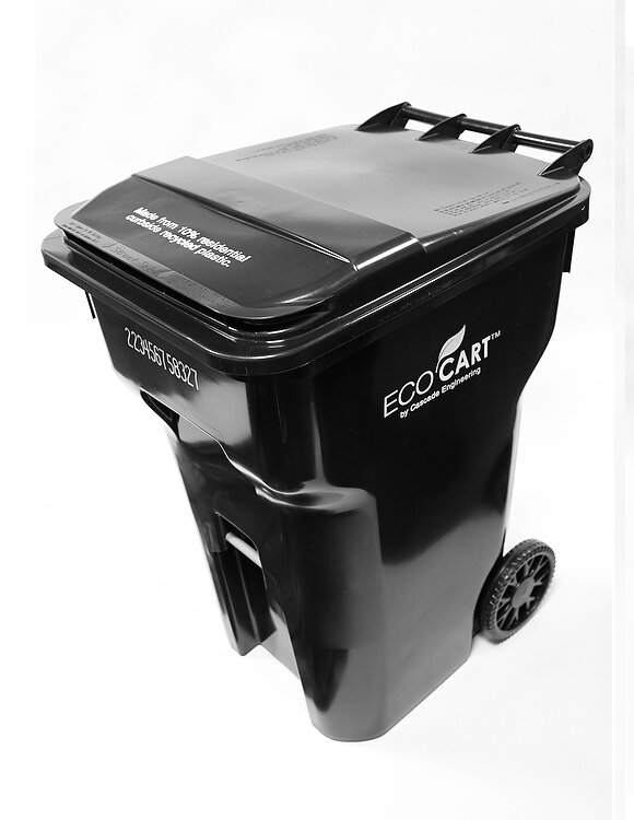 A plastic waste container made with closed loop manufacturing.