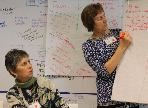 Janet DeYoung (left) and Donna Cornwell share ideas during the 2011 Future Search. Photo courtesy Boileau Communications