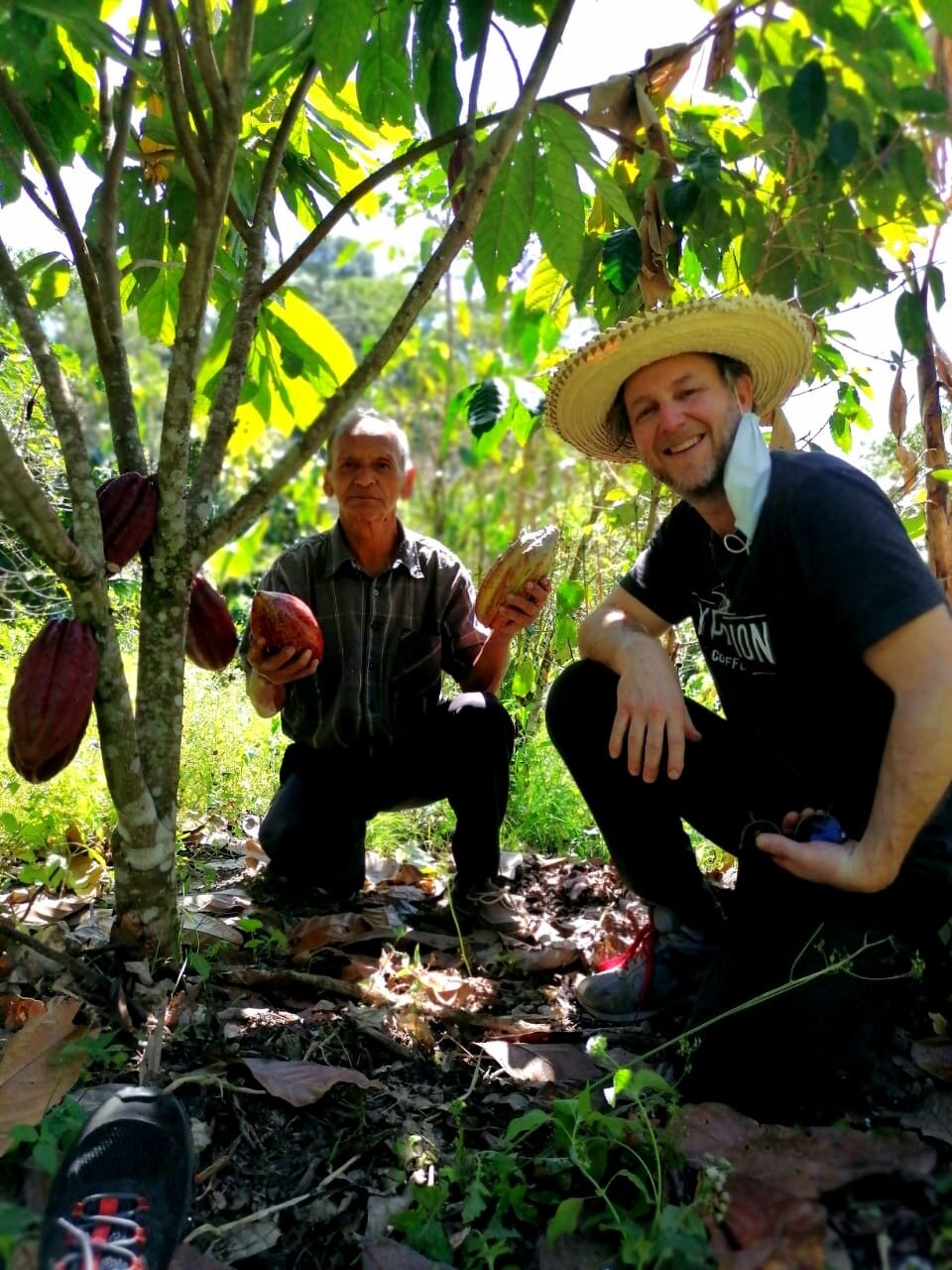 Juan, a cacao and coffee farmer, and Chad Morton outside of Comayagua, Honduras February 9, 2021